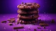 canvas print picture -  a stack of chocolate cookies with chocolate chips on a purple surface.  generative ai