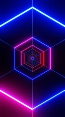 Poster - abstract background with glowing hexagon, neon light tunnel looping animation