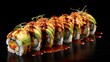  a row of sushi rolls with sauce drizzled around them on a black surface with a black background with a reflection of the sushi roll in the center.  generative ai