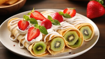 Poster -  a white plate topped with fruit covered crepes next to a bowl of strawberries and a plate of strawberries and kiwis on a wooden table.  generative ai