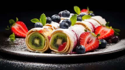 Sticker -  a close up of a plate of food with strawberries, kiwis, and blueberries on top of it with powdered sugar on a black surface.  generative ai