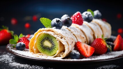 Canvas Print -  a close up of a plate of food with berries and a kiwi slice on top of a tortilla with powdered sugar and powdered sugar on the side.  generative ai