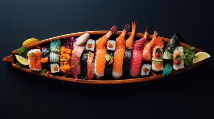 Poster -  a sushi boat filled with lots of different types of sushi on top of a black surface with a slice of lemon in the middle of the sushi.  generative ai