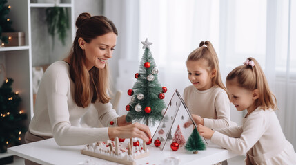 Wall Mural - mother and daughter decorating christmas tree with toys in living room