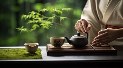 Poster -  a person sitting at a table with a tea pot and two cups on it, with a green tea mat in front of them and a tree in the background.  generative ai