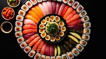 A Platter Filled With Sushi, Avocado, Cucumbers, And Other Sushi On A Black Surface Next To Small Bowls Of Dipping Sauces.  Generative Ai