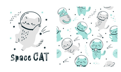 Wall Mural - Vector set for printing on children's products. Seamless pattern and print for printing. Cats in spacesuits flying in space. Space cat inscription. Vector illustration