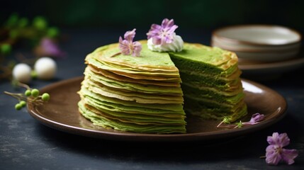 Wall Mural -  a stack of green pancakes sitting on top of a plate next to a plate with purple flowers on top of it and a plate with a stack of green pancakes.  generative ai