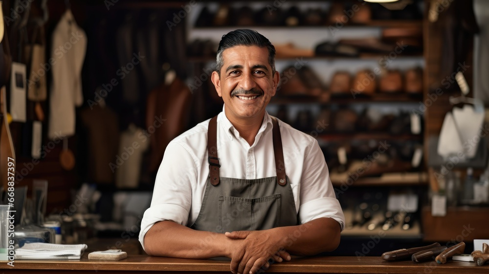 Friendly shopkeeper at a shoe store with polished wooden counter, wearing white shirt and black vest. Hyper-realistic image showing excellent customer service and a wide selection of footwear.
