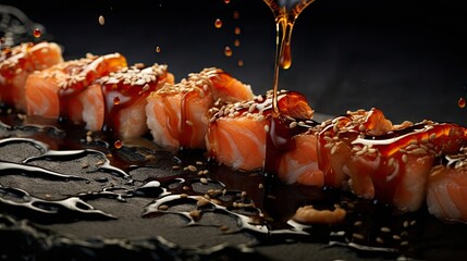 Sticker -  a piece of sushi is being drizzled with a drizzle of sauce on a black surface with other sushies being drizzled on it.  generative ai