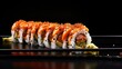  a close up of a plate of food with sushi on a black plate with garnishes and garnishes on a black surface with a black background.  generative ai