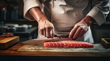 Sticker -  a person in a chef's uniform cutting up a piece of fish on a cutting board with a knife on a cutting board next to the fish on a cutting board.  generative ai