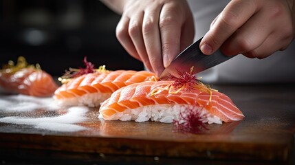 Wall Mural -  a person cutting up a piece of sushi on a cutting board with other sushi on the side of the board and a knife in the middle of the sushi.  generative ai