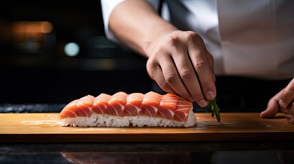 Wall Mural -  a person holding a piece of sushi on top of a wooden cutting board next to a piece of sushi on top of a wooden cutting block of wood.  generative ai