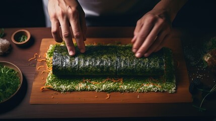 Wall Mural -  a person making a sushi roll on top of a cutting board next to a bowl of rice and a bowl of broccoli on the side of rice.  generative ai