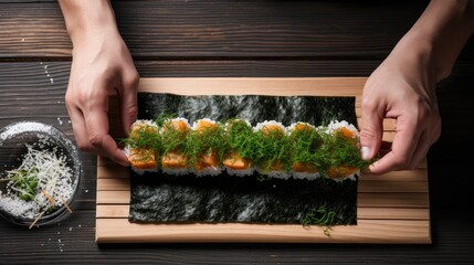 Sticker -  a person holding a piece of sushi on top of a wooden cutting board next to a bowl of rice and a small bowl of broccoli on the side.  generative ai