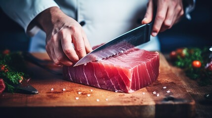 Sticker -  a person cutting up a piece of meat on a wooden cutting board with a knife and a block of meat on a cutting board next to the chopping board.  generative ai