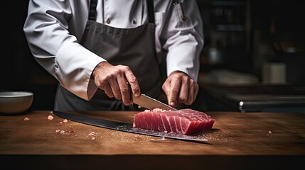 Wall Mural -  a man in a chef's uniform cuts up a piece of meat on a cutting board with a knife and a bowl of spices in front of food in the background.  generative ai