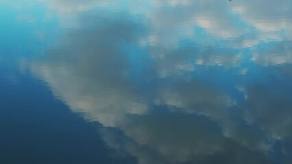Wall Mural - aerial top view of blue sky with clouds reflection in water of lake, abstract background, 4k