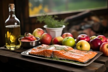 Poster - salmon fillet grilling, fresh apple cider sauce in foreground