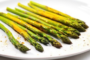 Wall Mural - close-up of fresh asparagus with charred tips on a white plate