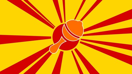 Poster - Baby rattle symbol on the background of animation from moving rays of the sun. Large orange symbol increases slightly. Seamless looped 4k animation on yellow background