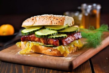 Canvas Print - bbq sausage sandwich with mustard and pickles