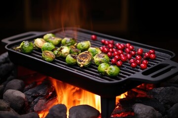 Sticker - cast iron pan with grilled brussels sprouts and cranberries on grill