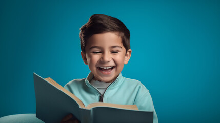 Little happy kid reading a book