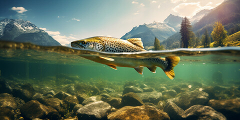 Big trout swimming under water line