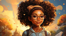 Illustration Of A Portrait Of A Smart And Beautiful Teenage Girl Smiling While Studying. Girl With Her School Homework. African American Female Student In The Park With Her Books And School Accessorie