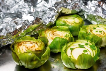 Wall Mural - halved grilled brussel sprouts scattered on aluminum foil