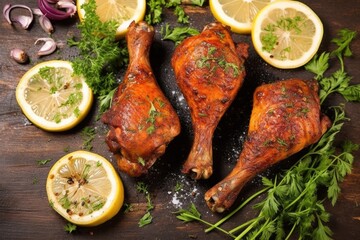 Wall Mural - overhead shot of bbq chicken drumsticks with herbs and spices