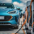Modern fast electric vehicle chargers for charging car in park - Generative AI