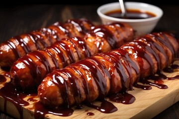 Canvas Print - sausages with bbq sauce drizzled over them