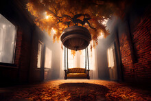 Autumn Inside A Ruined Hall, Dead Leaves And A Swing In The Middle.