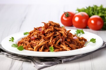 Canvas Print - smoky bbq pulled pork on a white ceramic plate