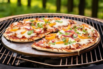 Sticker - bbq pizza with bubbling cheese on a backyard grill