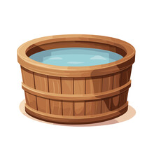 Sauna Wooden Tub With Water Vector Illustration. Cartoon Isolated Traditional Wood Bucket For Japanese Hot Spring Onsen, Spa Sauna Or Russian Banya, Bath Container And Rustic Brown Basin