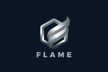 Poster - Hexagon Flame Logo Metal Steel Design 3D style Vector. Elegant Luxury Financial Logotype Metallic icon.