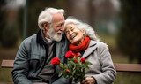 Fototapeta Miasto - Senior man giving flowers to wife. Grandpa gives flowers to grandma. happy longevity, an elderly couple in a trendy . concept on the theme of the day of the elderly, the day of grandparents.