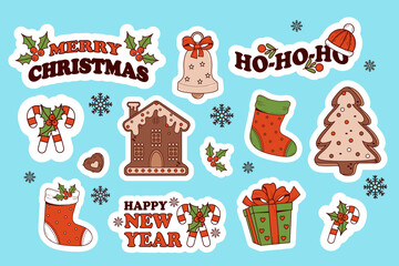 Wall Mural - Christmas sticker set. Gingerbread house and tree, toy bell, gift, xmas stocking and caramel and more. Cool Happy New retro cartoon vector elements in trendy groovy hippie style.