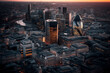 London City skyscrapers buildings, drone view. London streets, banking district. London skyscraper at sunset, aerial view. England, UK. Cityscape financial district. Willis Building, Tower Exchange.