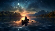 An AI Illustration Of Man In Boat At Night On Mountain Lake Wallpaper Mural Mural