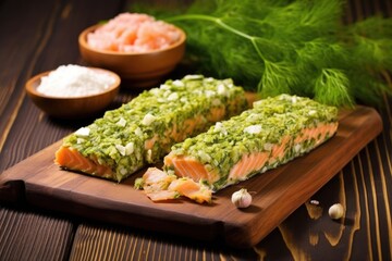 Canvas Print - planked salmon with chopped dill on wooden table