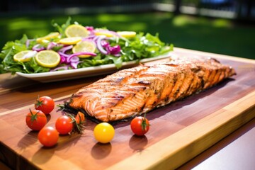 Poster - roasted salmon on cedar plank with garden salad