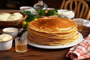 Sticker - freshly cooked pancakes on table for breakfast birthday surprise