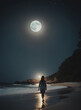 sagoma di donna vista di spalle che cammina su una spiaggia deserta al chiarore di una grande luna piena, mare calmo, cielo limpido