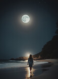Fototapeta  - sagoma di donna vista di spalle che cammina su una spiaggia deserta al chiarore di una grande luna piena, mare calmo, cielo limpido