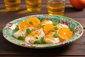 Canvas Print - citrus marinated fish fillet on a ceramic plate